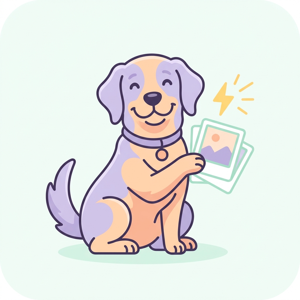 Fast photo uploads and batch tagging, shown as a dog with polaroid photos.