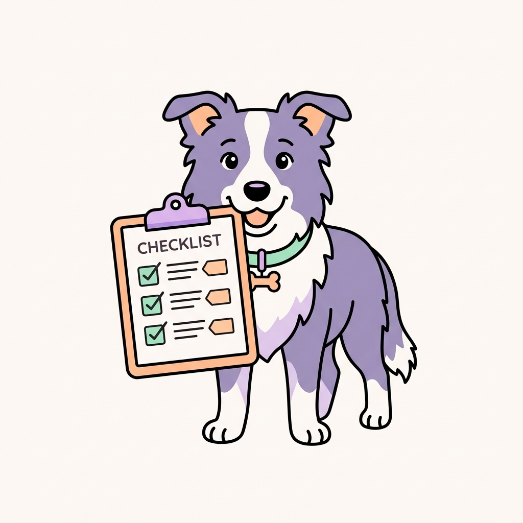 Per-dog status tracking, shown as a dog holding a clipboard with checkmarks.